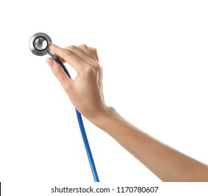 Female hand with medical stethoscope on white background