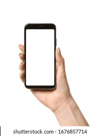 Female Hand With Mobile Phone On White Background