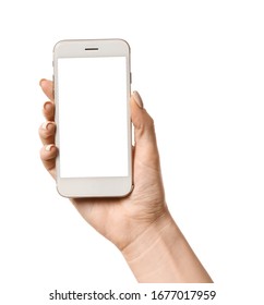 Female Hand With Mobile Phone On White Background