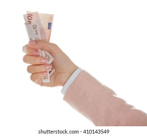 Female hand with money isolated on white