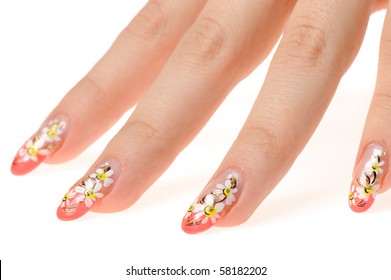 Female Hand With Nail Art - Figure A Camomile. It Is Isolated On A White Background