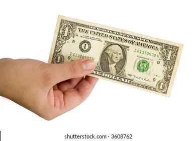 Female Hand With One Dollar On A White Background.