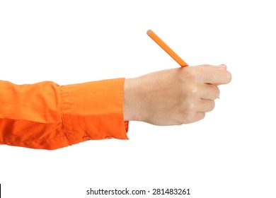 Female Hand In Orange Sleeve Holding A Pencil