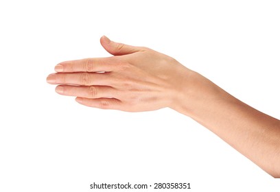 A Female Hand Outstretched Covering Isolated On A White Background.