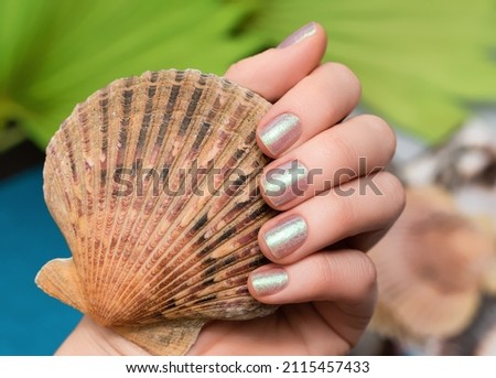 Female hand with pearlescent nail design. Glitter pearlescent nail polish manicure. Female model hand with perfect nails hold scallop shell on blurred green leaves background. Copy space