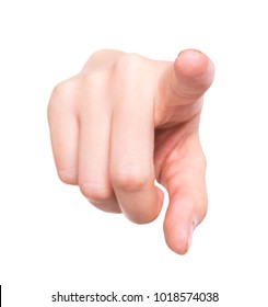 Female Hand Pointing Finger At You, Isolated On A White Background