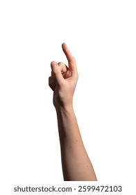 Female hand pointing upward with index finger extended, gesture symbolizing selection, direction, or pressing. Natural wrist position and smooth movement. Isolated on white background.