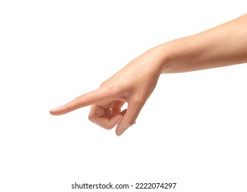 Female hand points a finger isolated on white background.
