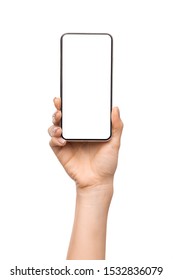 Female hand presenting new smartphone with big blank screen. isolated on white background, copy space - Shutterstock ID 1532836079