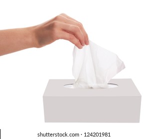 Female Hand Pulling White Facial Tissue From A Box