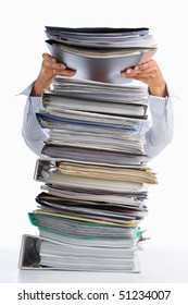 Female Hand Put Paper Into High Pile Paperwork