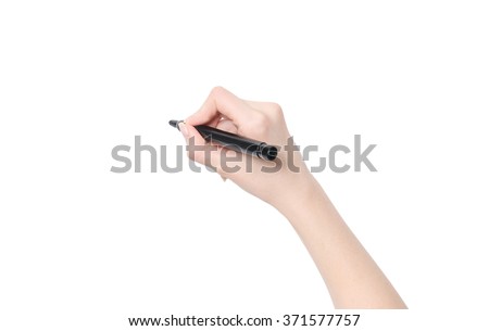 Female hand is ready for drawing with black marker. Isolated on white.