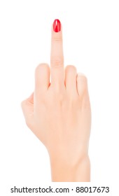 Female hand with red fingernails showing the middle finger isolated on white. Offensive gesture.