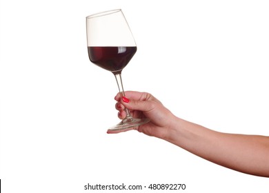 Female Hand With Red Wine Glass On A White Background