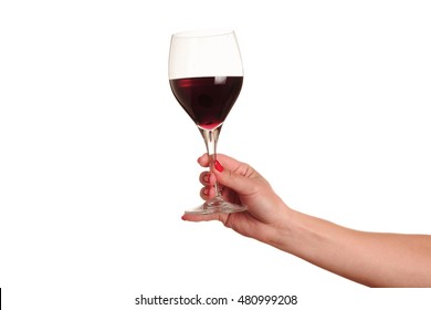 Female Hand With Red Wine Glass On A White Background