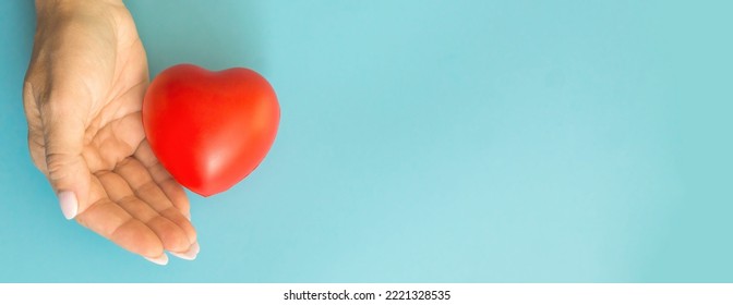 Female Hand Rubber Red Heart On A Blue Background.banner, Right Copyspace.women's Health, Women's Disease Research.give Love To Mom, Woman's Love