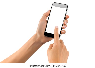 Female Hand Scrolling Black Cellphone With White Screen At Isolated Background.