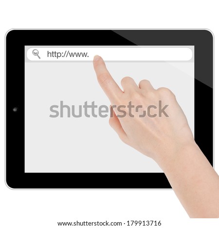 Female hand searching the internet on a tablet computer similar to ipad isolated on white