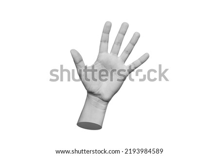 Female hand showing five fingers sign isolated on white background. The woman shows her palm. Trendy 3d collage in magazine style. Contemporary art. Modern design. Greeting hand sign