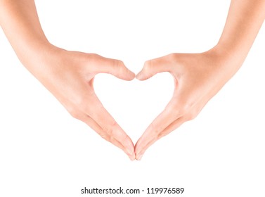 Female Hand Showing Heart Shape Gesture. Isolated On White.