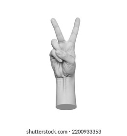 Female hand showing a peace gesture isolated on a white background. 3d trendy collage in magazine style. Contemporary art. Modern design. Victory hand sign