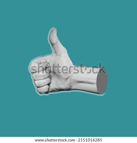 Female hand showing the thumb up gesture isolated a teal blue color background. Positive hand sign. Finger up. 3d trendy collage in magazine style. Contemporary art. Modern design