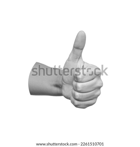 Female hand showing the thumb up gesture isolated a white background. Positive hand sign. Finger up. A sign of approval. 3d trendy collage in magazine style. Contemporary art. Modern design