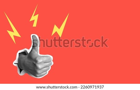 Female hand showing thumbs up gesture, on red background, art collage. Positive hand sign. Thumbs up fashion collage in magazine style. Modern art. Modern design.