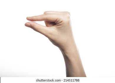 Female hand shows sign "thickness(slip)" isolated over white background