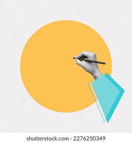 Female hand in sleeve holds pencil drawing or writing on yellow circle background. Mockup with empty copy space for text and design. trendy creative collage in magazine style. Modern contemporary art - Shutterstock ID 2276250349