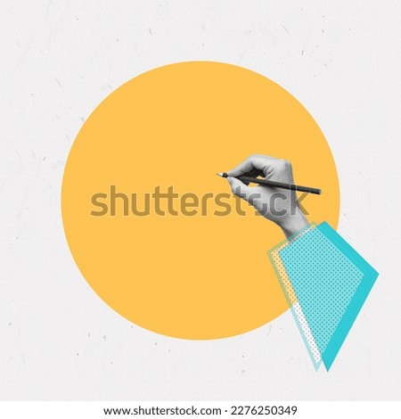 Female hand in sleeve holds pencil drawing or writing on yellow circle background. Mockup with empty copy space for text and design. trendy creative collage in magazine style. Modern contemporary art