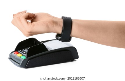 Female Hand With Smart Watch And Payment Terminal On White Background