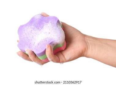 Female Hand With Soapy Bath Sponge On White Background