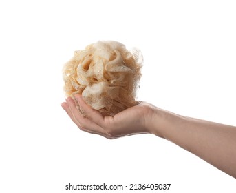 Female Hand With Soapy Sponge On White Background, Closeup