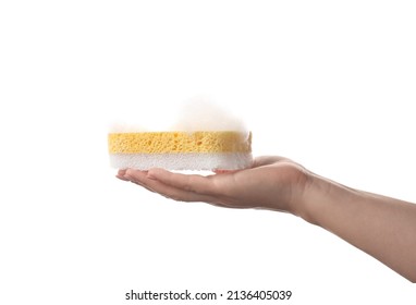 Female Hand With Soapy Sponge On White Background, Closeup