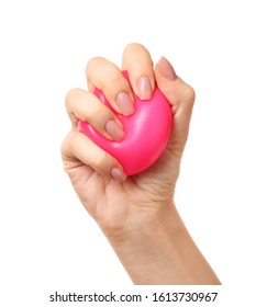 Female Hand Squeezing Stress Ball On White Background