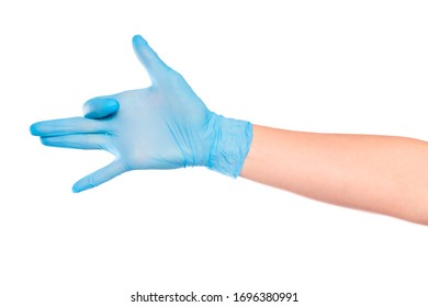 female hand in sterile gloves isolated on white background showing hand gestures - Shutterstock ID 1696380991