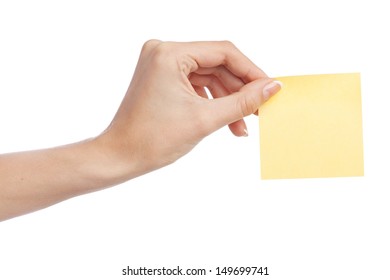 Female hand with a sticky note, white background