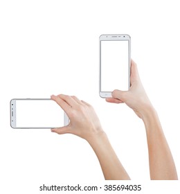 Female Hand Taking Photo With Smart Phone Of Blank White Touch Screen, Front View, Isolated. Mockup For Design