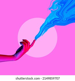 Female hand touching blue wave on magenta color background. Modern design, contemporary art collage. Inspiration, idea, trendy urban magazine style. Negative space to insert your text or ad. - Shutterstock ID 2149859707