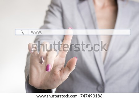 Female hand touching a website navigation bar with the text www and blank copy space on a transparent virtual screen.