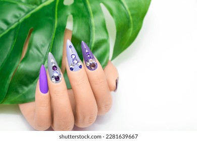 Female hand with vacation stiletto nail design. Glitter purple and blue nail polish manicure with rhinestones and glitter nail art. Female model hand hold tropic leaf on white background. Copy space