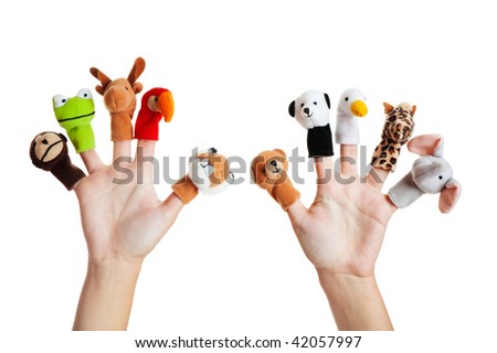 Female hand wearing 10 finger puppets; monkey, frog, reindeer, parrot; lion; bear; panda; duck; giraffe; elephant