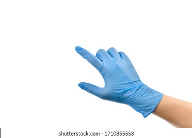 Female hand wearing protective gloves touching virtual screen isolated on white background.    
