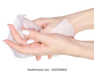 Female Hand Wet Wipe On White Background Isolation, Top View