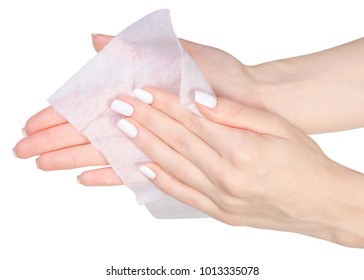 Female Hand Wet Wipe On White Background Isolation, Top View