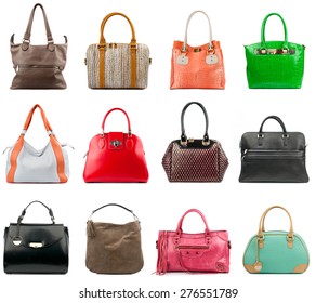 Female Handbags Collection Isolated On White Background.