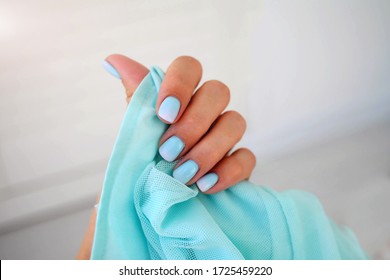 Female hands and beautiful gentle manicure  Summer trend  blue gradient the nails and gel polish  shellac  Short nails