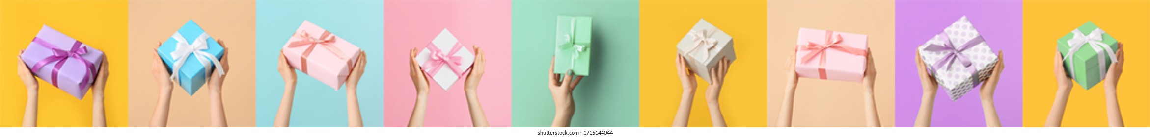 Female hands with beautiful gift boxes on colorful background - Shutterstock ID 1715144044
