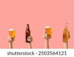 Female hands with bottles and pints of fresh beer on pink background